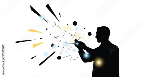 Person interacting with a digital network, symbolizing data connection and innovation.