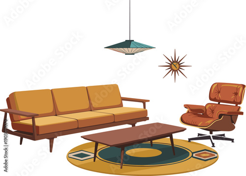 A cozy and stylish living room interior with mid century modern design colorful vector on white background.
