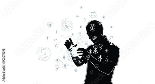 Silhouette of a person interacting with glowing symbols and abstract energy