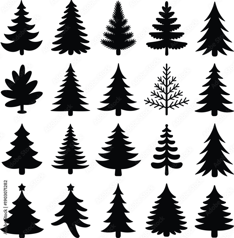 Obraz premium A collection of various Christmas tree black vector on white background.