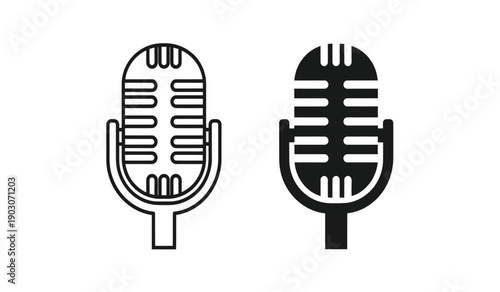 Two vintage microphones in black and white on a pure for audio equipment or music concept
