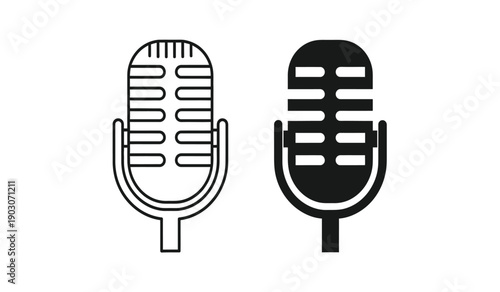 Two vintage microphones in black and white on a pure for music or podcast concepts