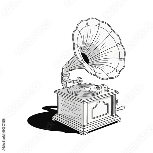 Vintage gramophone line art illustration with large brass horn isolated on white.Retro antique phonograph outline vector for nostalgic music design.
