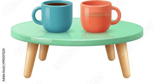 Colorful 3D coffee cups on stylish table realistic vector illustration isolated on white background beverage concept