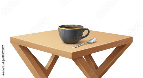 Premium 3D coffee cup with spoon on modern table realistic vector illustration isolated on white background
