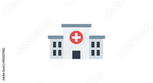 Modern hospital building illustration with red cross symbol on white background