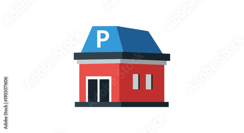 Illustrated parking garage icon red building with blue roof and white p