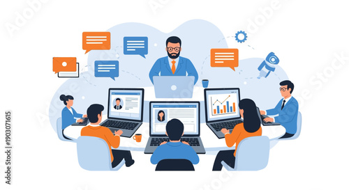 Business team collaboration with digital devices in an office setting