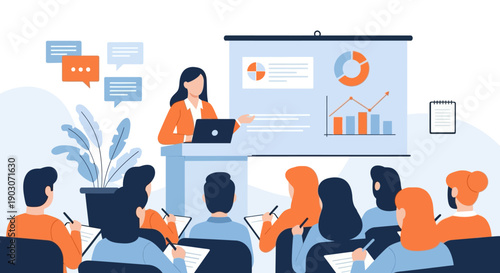 Business presentation scene with professional seminar in modern flat style