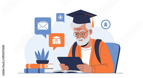 Elderly man learning online with tablet in modern flat design
