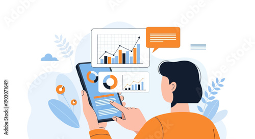 Business data analysis concept with interactive charts and graphs on mobile
