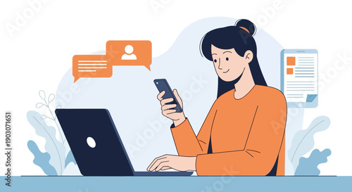 Woman engaged in remote work on laptop and smartphone in modern flat style