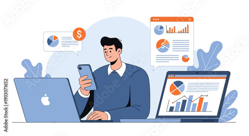 Businessman analyzing financial data on laptop with smartphone in modern office setting