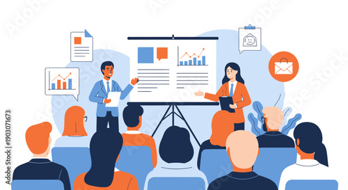 Business workshop presentation with charts and diagrams in flat design