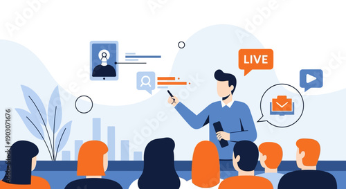 Virtual classroom presentation in modern flat design with video streaming elements