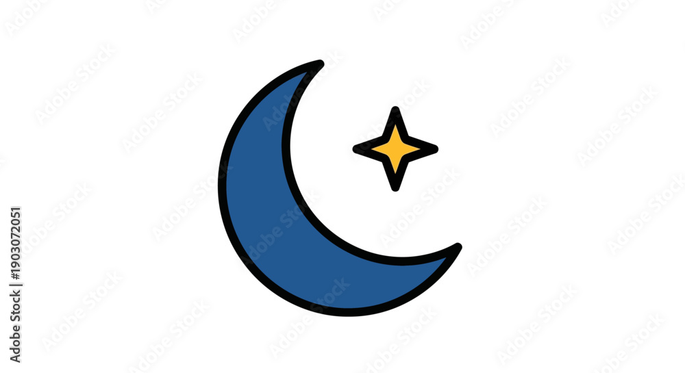 Fototapeta premium Stylized crescent moon and star icon on white background symbol illustration