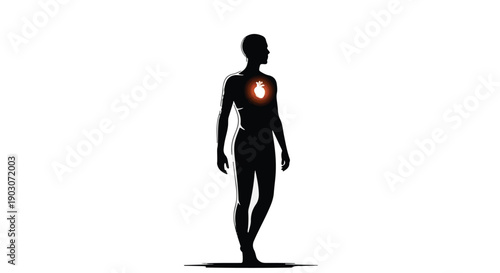 Silhouette of a person with a glowing heart symbol on a white background, symbolizing love and passion.