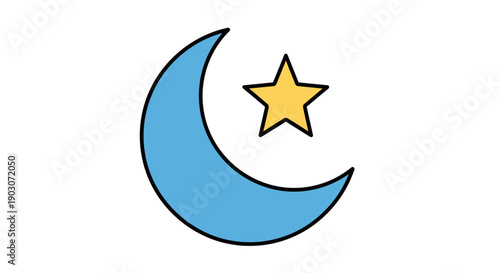 Cartoon crescent moon and star illustration isolated on white background