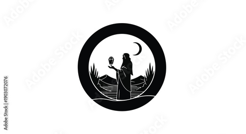 Mystical figure holding orb under crescent moon in serene landscape