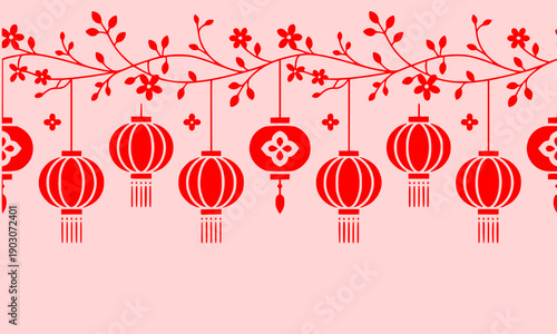  Red Chinese lanterns hanging with floral branch decoration on pink background, traditional Asian festival elements for lunar new year celebration design