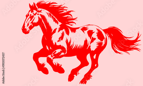 Red horse in dynamic running pose with flowing mane and tail on pink background, elegant animal illustration for creative design and decorative projects
