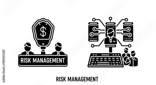 Risk Management Icons: Financial Security and Data Analysis