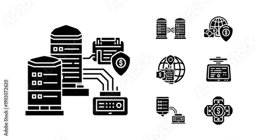 Secure Data Server Network and Cloud Computing Icons Set