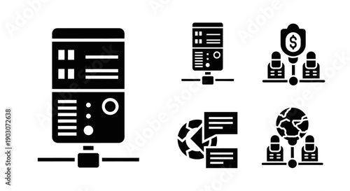 Server Rack Icons: Data Management, Network, Security, Global Communication & Finance