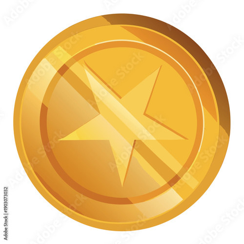 Golden coin icon with a shiny metallic finish, embossed currency symbol in the center, smooth gradients, glossy highlights, vector style