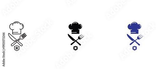 Chef Hat with Crossed Fork and Spoon Icon Set Cooking Symbols