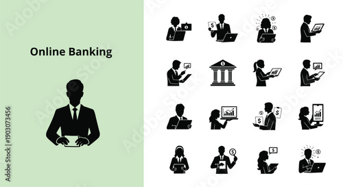 Online banking services and digital financial transactions illustrated with professional silhouettes and financial graphics