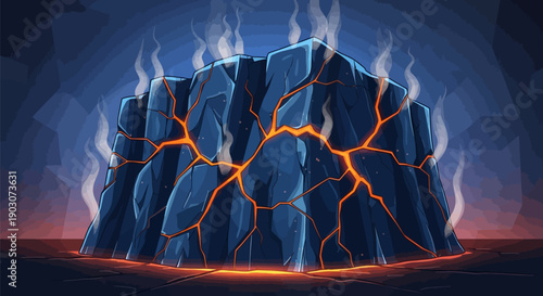 Dark blue crystal formation with glowing orange cracks and flames rising on cracked surface
