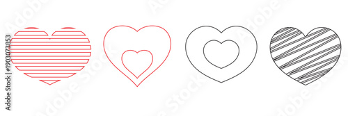 Black Heart Icons with Stripe Patterns. Love symbols for valentine's dey. Heart symbols with striped and solid styles, romantic vector shapes isolated on white background for love themed design.
