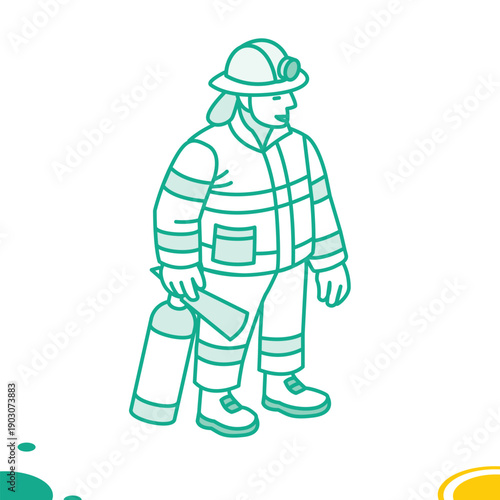 Firefighter standing with a fire extinguisher. Illustration. Object isolated on white background. Emergency service, safety, profession, and educational design.