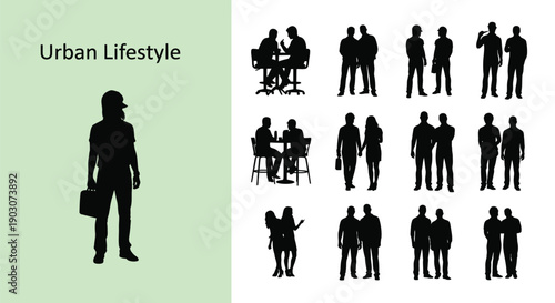 Collection of urban lifestyle silhouettes featuring business professionals and people interacting in various modern settings and environments daily