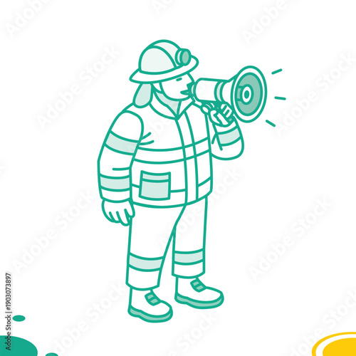 Firefighter speaking through a megaphone. Illustration. Object isolated on white background. Emergency service, communication, safety, and public alert design.
