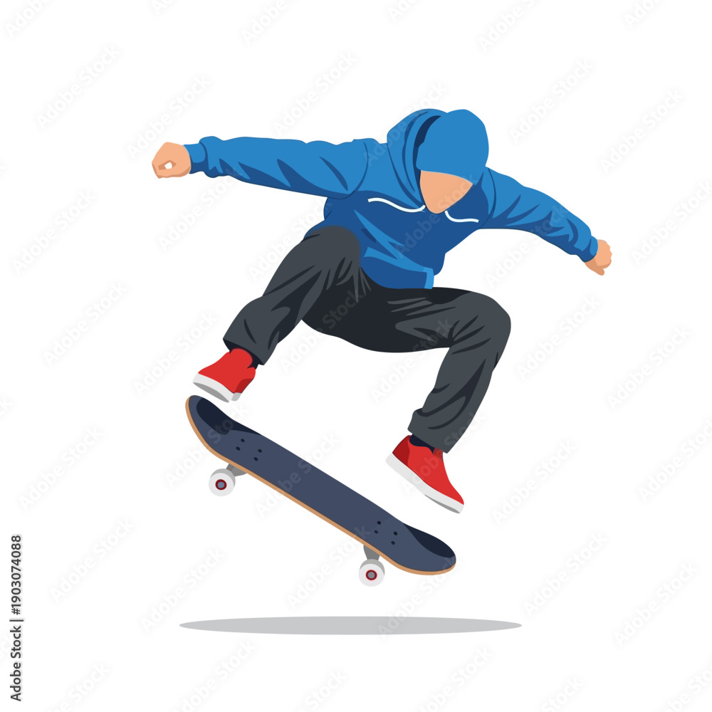 Fototapeta premium Skateboarder performing trick in mid-air, dynamic action, vector illustration
