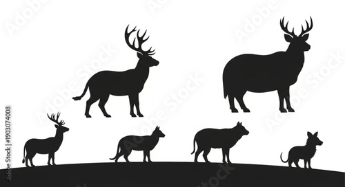 Collection of Deer and Antelope Silhouettes on White Background.