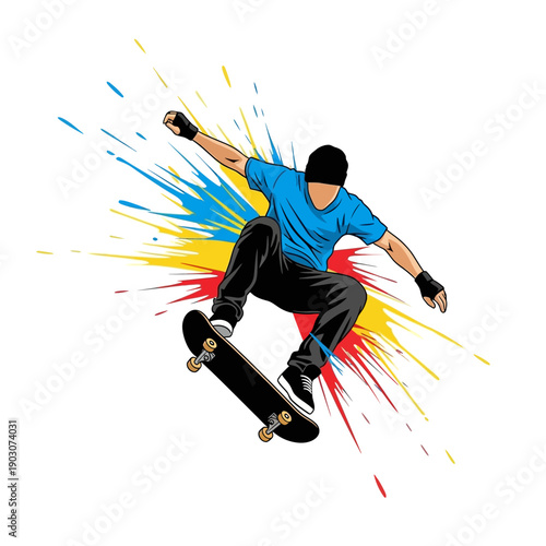 Skateboarder performing trick with colorful paint splashes background