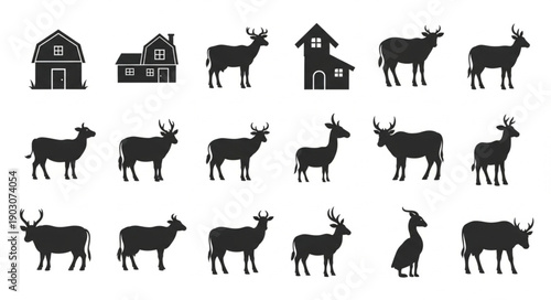 Collection of Deer and Barn Silhouettes Vector Illustration.