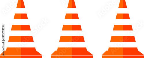 Set of Three Orange Traffic Cones with Reflective White Stripes Vector Illustration