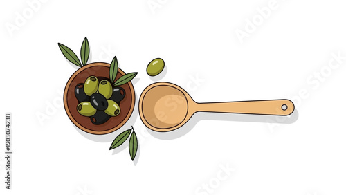 A wooden spoon beside a bowl of green and black olives with leaves, illustration