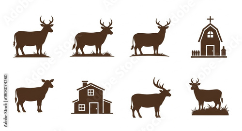 Collection of Deer and Farm Buildings Silhouettes.