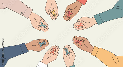 Diverse hands collectively holding an array of colorful awareness ribbons, symbolizing global unity, support, and advocacy for various important health and social causes worldwide