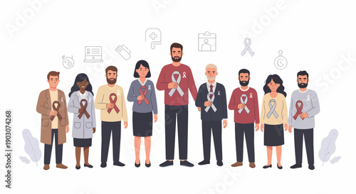 Diverse group of people wearing awareness ribbons for various causes, promoting unity and support for health initiatives and community events