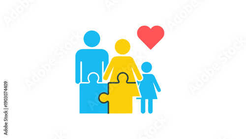 Family Unity Puzzle Icon with Heart. Perfect Match, Adoption, and Foster Care Concept.