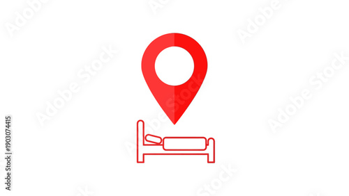Red Location Pin Pointing to Bed Icon. Hotel Accommodation Map Marker Symbol. GPS Navigation and Booking App Concept.
