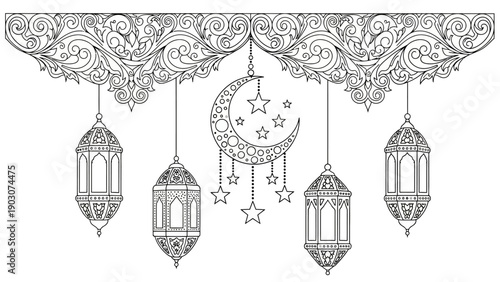 An intricate illustration of lanterns and crescent moon hanging from an ornate border, depicting a serene nighttime scene.