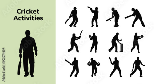 Collection of cricket players silhouettes in various actions and poses for design and illustration purposes in sports graphics