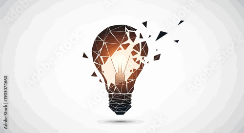 Innovative light bulb with shattered geometric design on white background